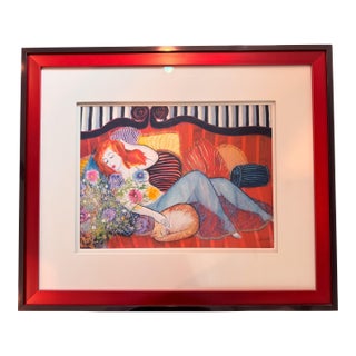 Red-Haired Woman With Cat – Framed Decorative Print Signed “Mardette H.” For Sale