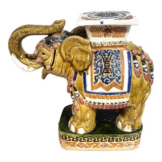 Large Vintage Chinese Asian Glazed Terracotta Elephant Garden Stool Bench For Sale