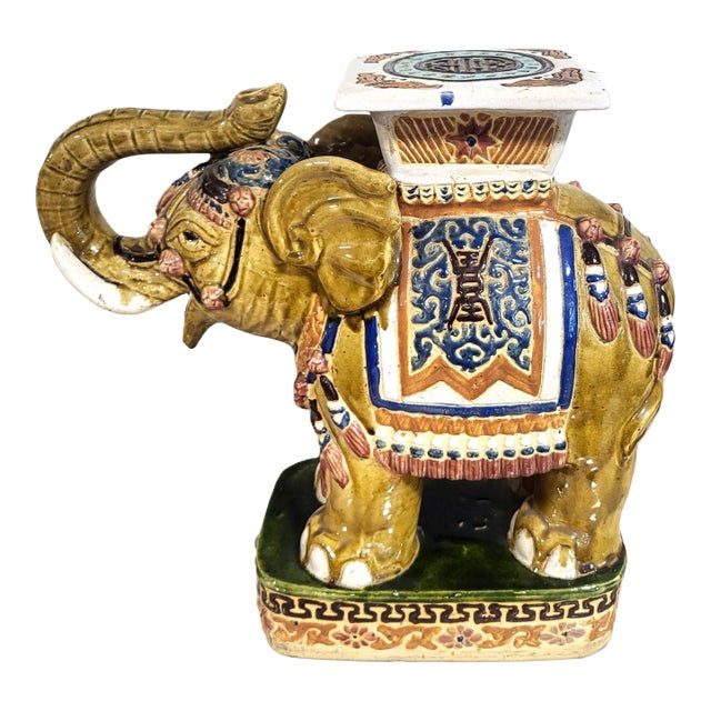 Large Vintage Chinese Asian Glazed Terracotta Elephant Garden Stool Bench For Sale