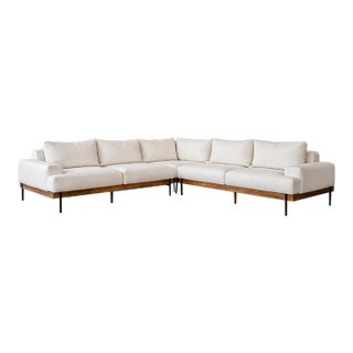 “Faro” White Bouclé Sectional With Leather & Iron Strap Detail For Sale