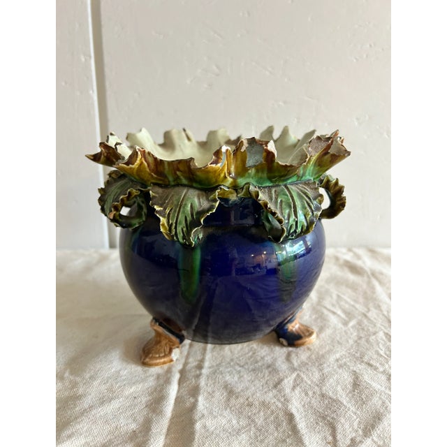 Blue Antique English Barbotine Majolica Applied Rose Vase For Sale - Image 8 of 11