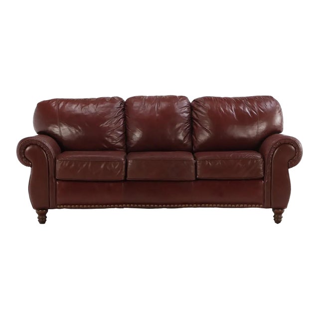 Late 20th Century Modern Cognac Leather Sofa With Scroll Arm and Nailhead Trim For Sale