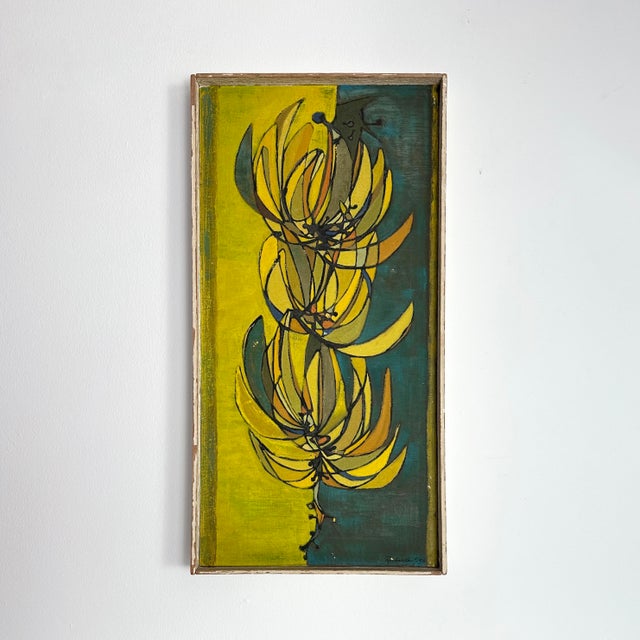 Vintage dated 9/50 (September 1950) mid-century banana bunch painting. Excellent shades of yellow and green oil paint...