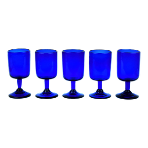 Mid 20th Century Handblown Cobalt Blue Stemmed Glass Wine Goblet- Set of 5