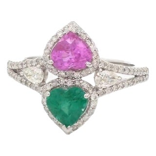 Natural 0.79 cts Zambian emerald and 0.99 cts sapphire ring 18k gold For Sale