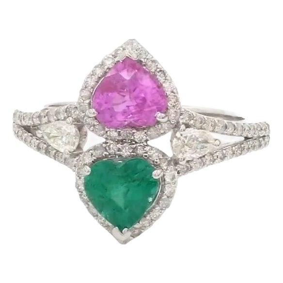 Natural 0.79 cts Zambian emerald and 0.99 cts sapphire ring 18k gold For Sale