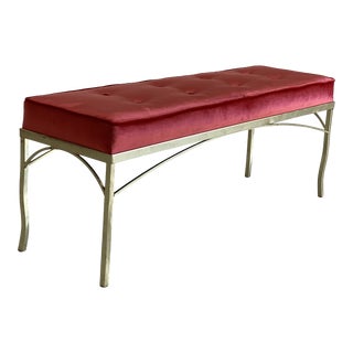 Newly Upholstered Fuchsia Velvet and Brass Vintage Bench For Sale