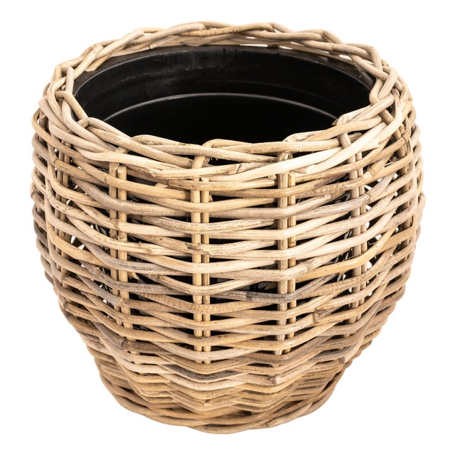 Artifacts Rattan Round Belly Planter with Black Plastic Insert, Natural, 13" For Sale