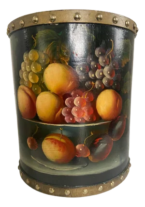Mid 20th Century English Arts & Craft Tole Fruit Wood Wastebasket Can