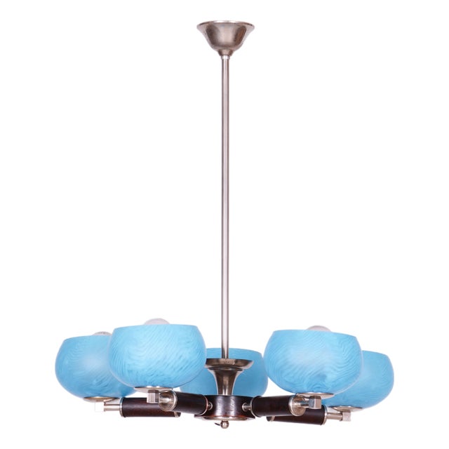 Bauhaus Chandelier in Beech and Chromed Steel, Czech, 1920s For Sale