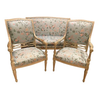 Late 19th Century Swedish Neoclassical Carved And Painted Three Piece Salon Set For Sale