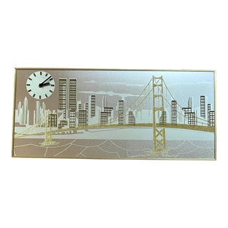 1980s New York City Skyline Stylized Wall Mirror With Clock by Mechanical Mirror For Sale