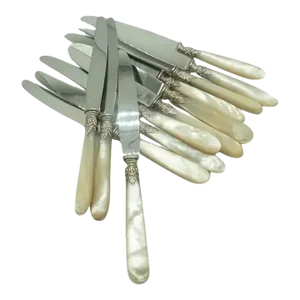 Antique French Silver & Mother of Pearl Knives, Set of 12, Ornate Swag Motifs