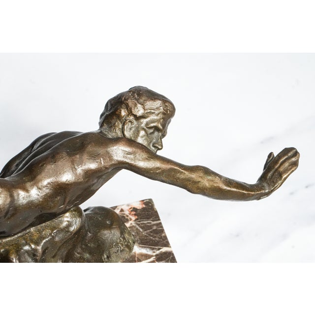Art Nouveau Vintage Art Nouveau Style Suspended Male Man Bronze Marble Statue Sculpture For Sale - Image 3 of 14
