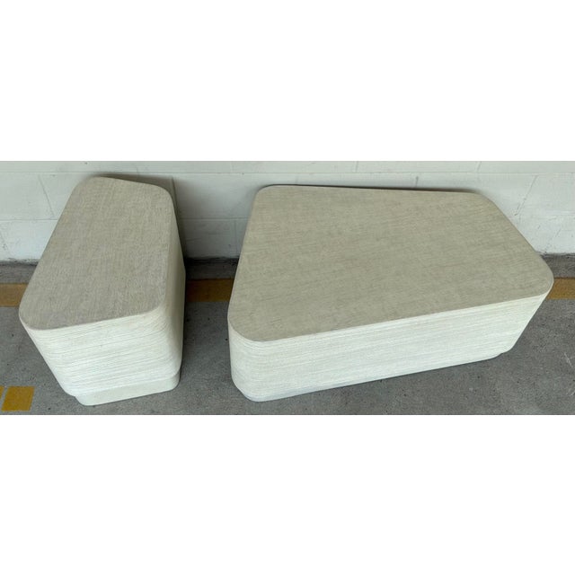Original retail $1965, stylish Organic Modern Indoor/Outdoor Concrete and Sand Cocktail Tables Set of 2, showroom floor...