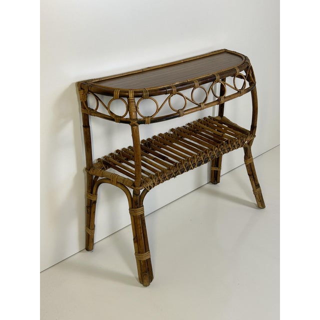 Vintage Rattan and Wicker Console Table with Masonite Top, 1950s For Sale - Image 3 of 10