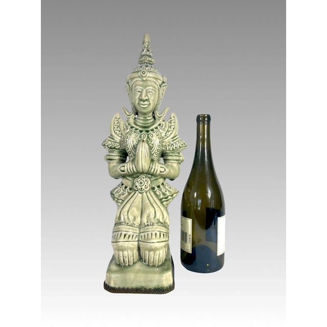 Large Jade Green Celadon Crackle Glaze Angel Figure, Kneeling Tappanom (Thailand) For Sale - Image 10 of 12