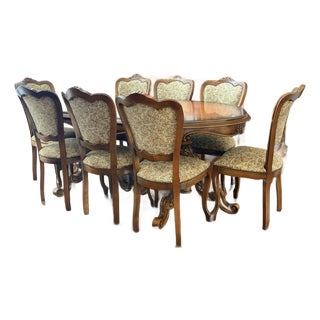 Vintage Italian Provincial Baroque-Style Floral Marquetry Dining Table and 8 Chairs For Sale