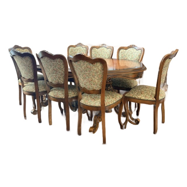 Vintage Italian Provincial Baroque-Style Floral Marquetry Dining Table and 8 Chairs For Sale