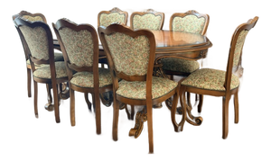 Vintage Italian Provincial Baroque-Style Floral Marquetry Dining Table and 8 Chairs