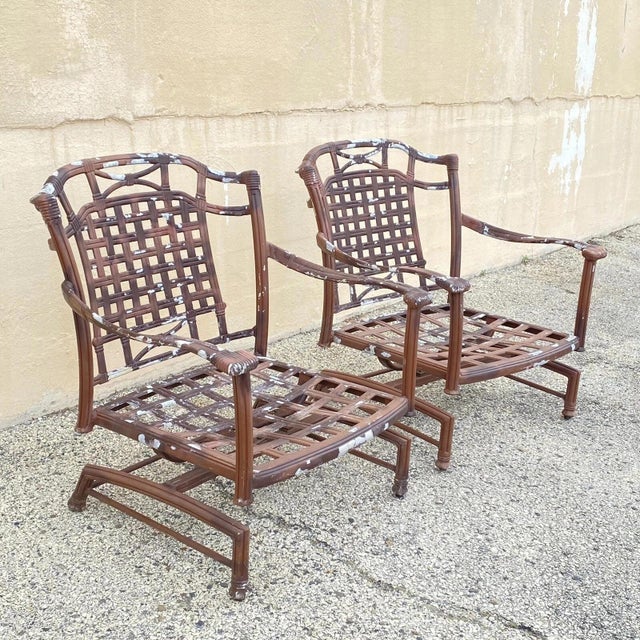 Brown Late 20th Century Cast Aluminum Basket Weave Lattice Patio Outdoor Rocking Lounge Chairs - A Pair For Sale - Image 8 of 10