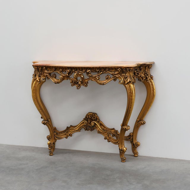 Louis XV Rococo Style Carved Gilt Console Table with Rose Marble Top, Italy, 1950s For Sale - Image 16 of 16