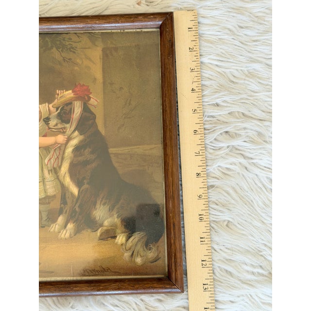 Textile Antique Victorian “The Pet’s Toilet” Girl & Dog Framed Color Print For Sale - Image 7 of 8