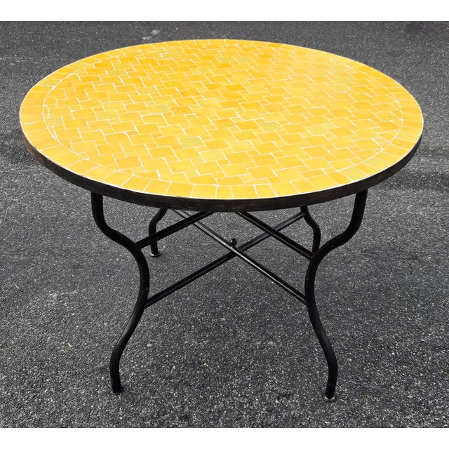 Metal 40" Handcrafted Yellow Moroccan Mosaic Table, Bejmat Style For Sale - Image 7 of 7
