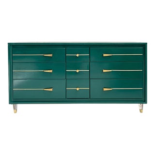 Mid-Century Modern Green Painted Dresser With Gold and Lucite Legs For Sale