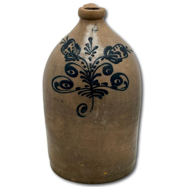 Great Mid 1800s Antique American 2 Galllon Stoneware Jug With Bold Artiscally Hand Decorated Navy Blue Flower Design For Sale - Image 9 of 18