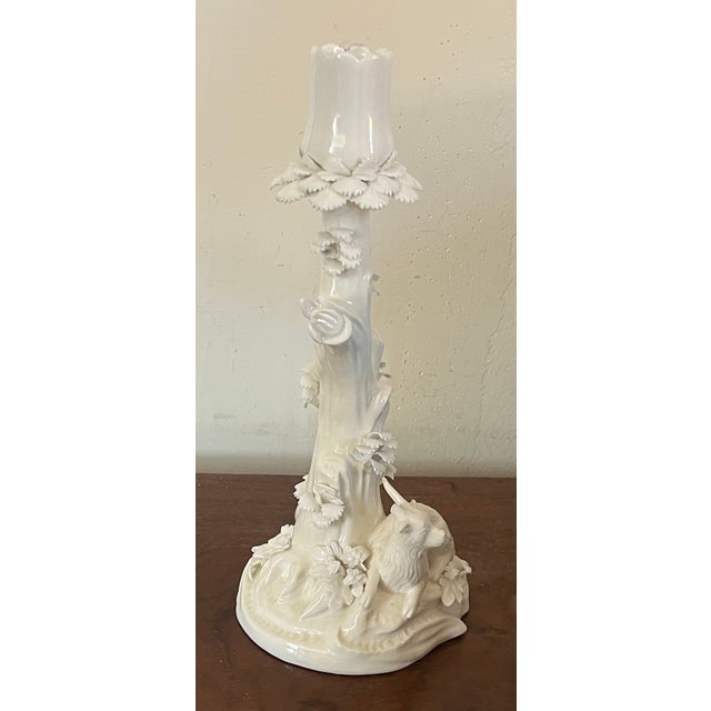 Antique 18th Century Derby Porcelain Blanc De Chine Candlestick Holder Faux Bois Tree Form Stem With a Goat For Sale - Image 12 of 17