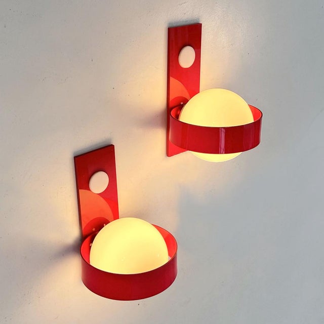 Glass Space Age Wall Lamps in Red & White Glass & Plastic, 1970s For Sale - Image 7 of 9