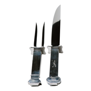 1980s Swid Powell Robert Venturi Reed Barton Silver Plated Monogramed Carving Knife Fork Set- A Pair
