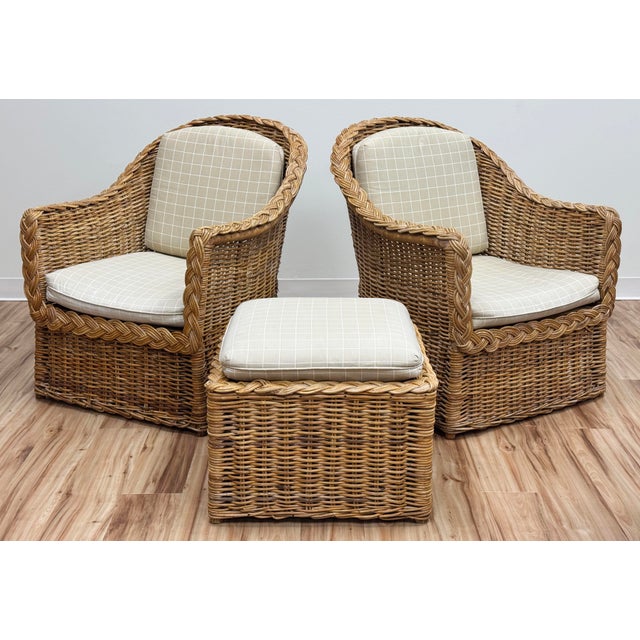 Traditional Vintage Braided Wicker Club Chair Pair With Ottoman For Sale - Image 3 of 16