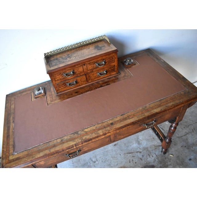 19th Century Antique Victorian Burl Walnut & Leather Writing Desk With Letter Box & Inkwells For Sale - Image 5 of 13