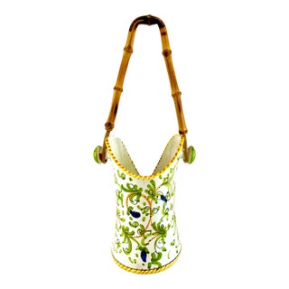 1960s Hand-Painted Italian Ceramic Vase With Bamboo Handle For Sale