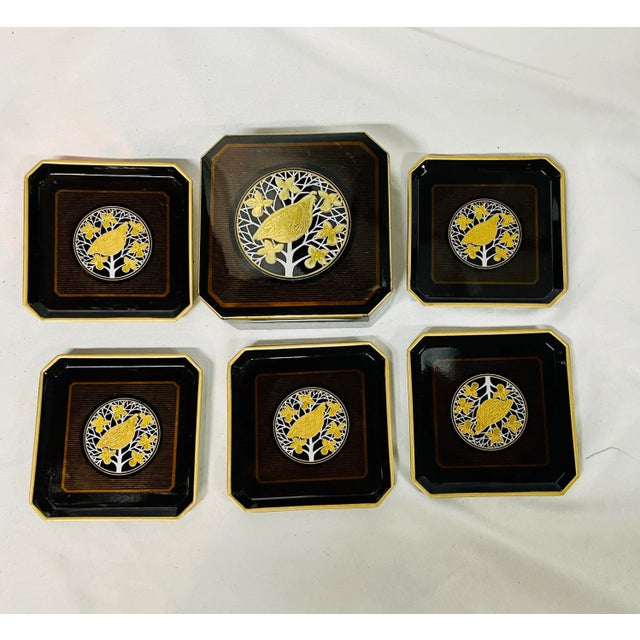 Vintage Otagiri Japan Black and Gold Lacquered Golden Pheasant Coasters in Box For Sale - Image 11 of 13