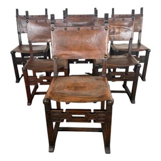 Set of Six Spanish Revival Leather and Carved Wood Armchairs For Sale