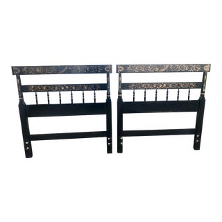 Pair Hitchcock Twin Bed Headboards W/Frames Bronze Autumn Harvest Stencils on Black Signed For Sale