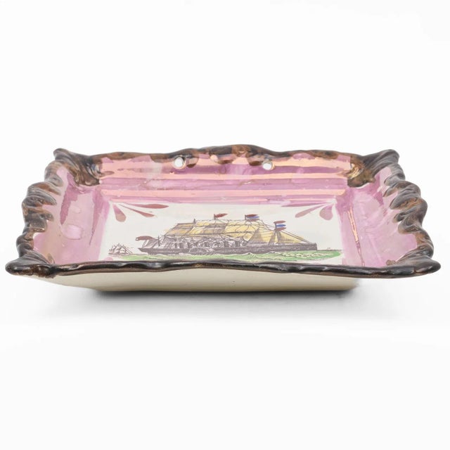 Victorian Antique 19th Century English Staffordshire Pink Luster Wall Plaque or Tray Great Eastern Steam Ship For Sale - Image 3 of 4