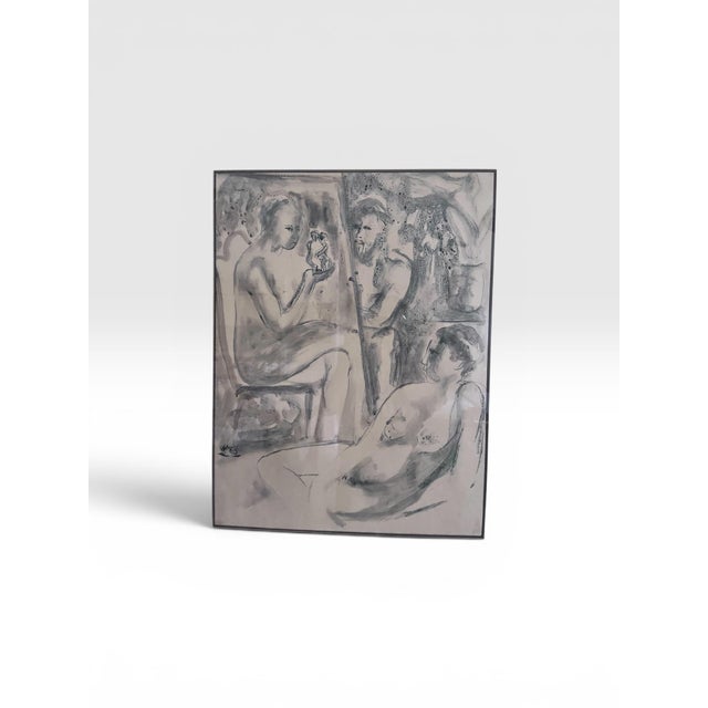 Paint Mid-Century Modern Monochromatic Figurative Watercolor of Reclining Nudes For Sale - Image 7 of 10