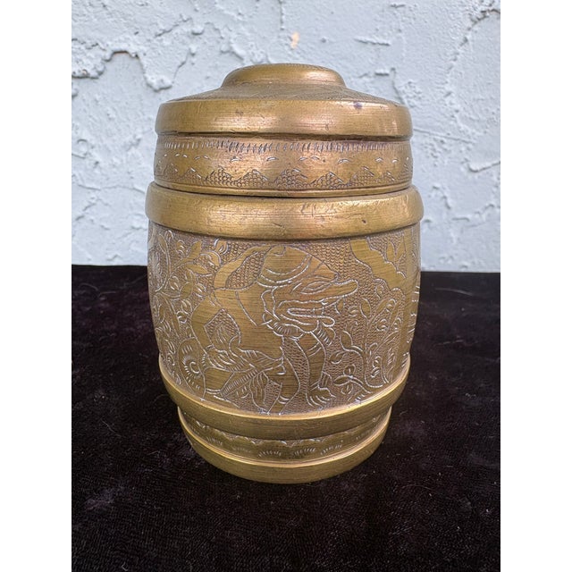 Vintage Hand-Etched Asian Brass Covered Jars – Set of 2 Decorative Canisters For Sale - Image 10 of 12