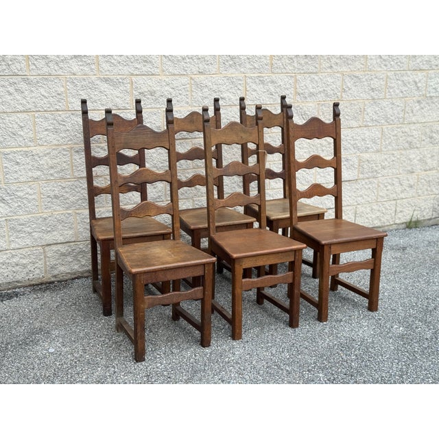 1940s French Provincial Oak Ladder-Back Dining Chairs - Set of Six For Sale - Image 4 of 13