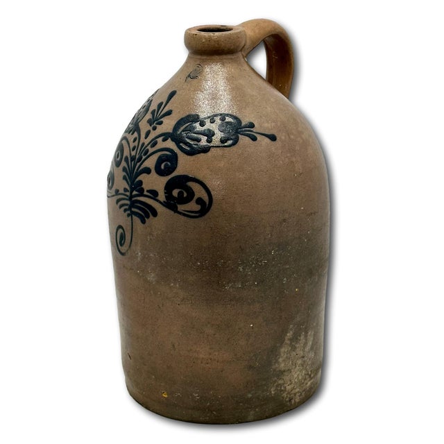Great Mid 1800s Antique American 2 Galllon Stoneware Jug With Bold Artiscally Hand Decorated Navy Blue Flower Design For Sale In Boston - Image 6 of 18