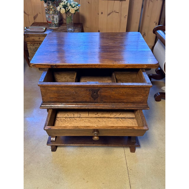 Wood Antique 19th Century European Oak Box Table With Trestle Base and Sliding Storage Compartment For Sale - Image 7 of 10