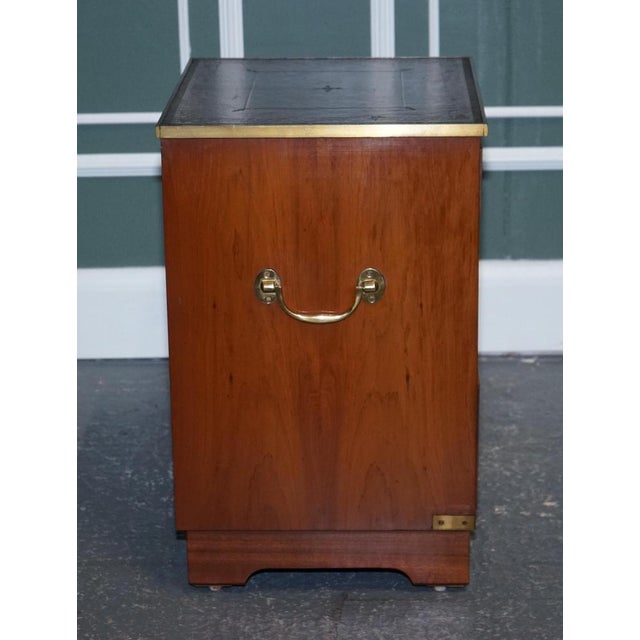Military Campaign Yew Wood Bedside Table with Green Leather Top For Sale - Image 11 of 14