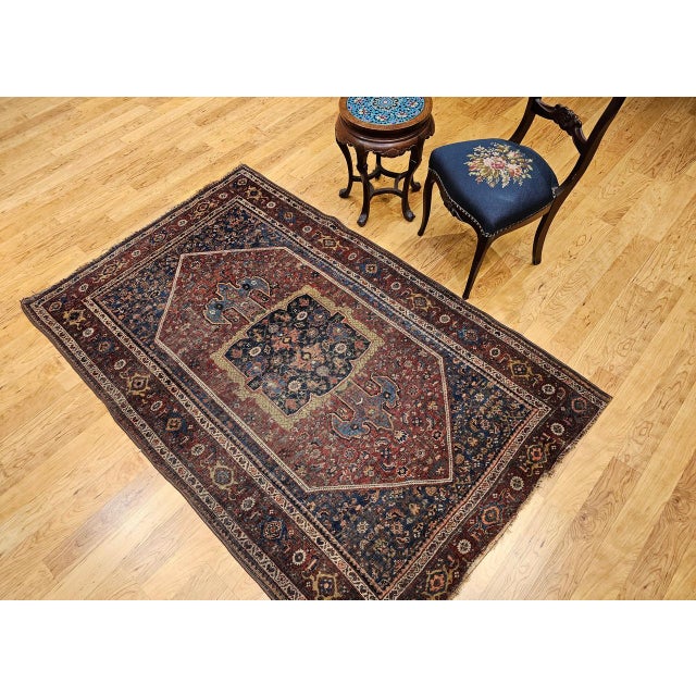 19th Century 19th Century Persian Bidjar Rug, Hand-Knotted Wool, Geometric Herati Pattern, Burgundy & Blue, 5x7 For Sale - Image 5 of 18