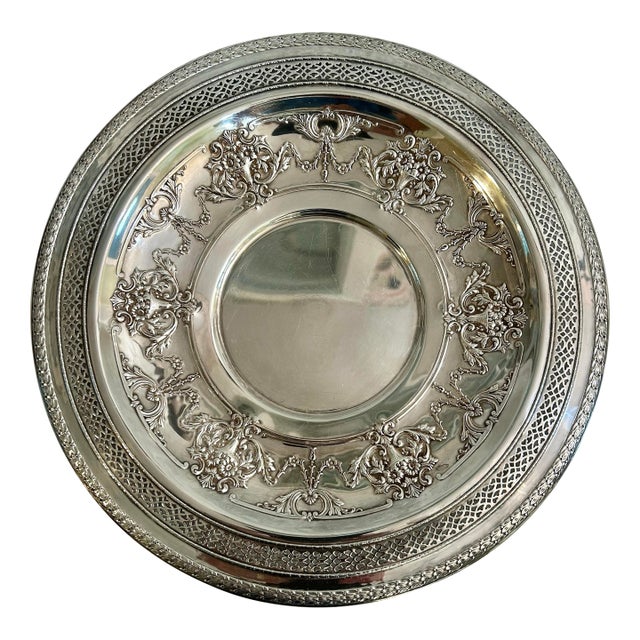 Mid 20th Century International Silver Embossed Reticulated Silver Plate 12” Tray For Sale