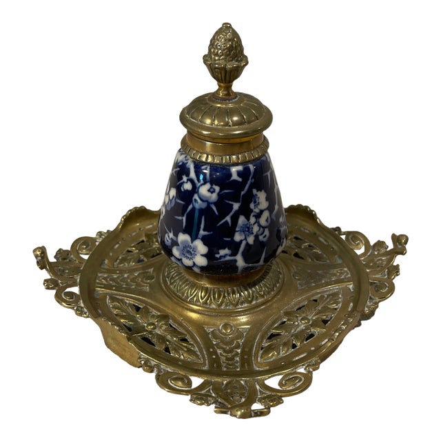 Late 19th Century English Brass & Porcelain Renaissance Revival Inkwell For Sale