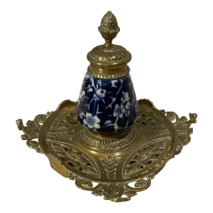 Late 19th Century English Brass & Porcelain Renaissance Revival Inkwell